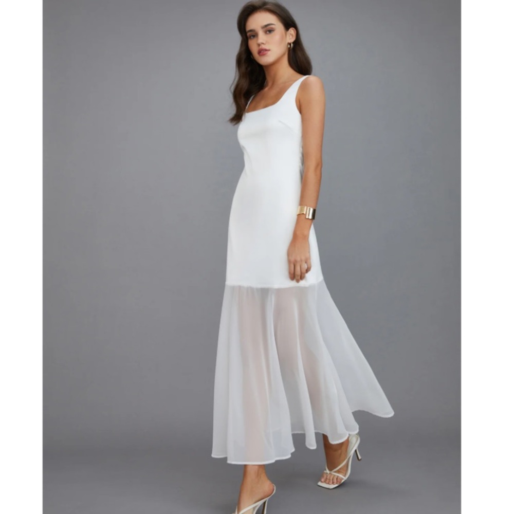 Commense White Maxi Dress with Sheer Skirt